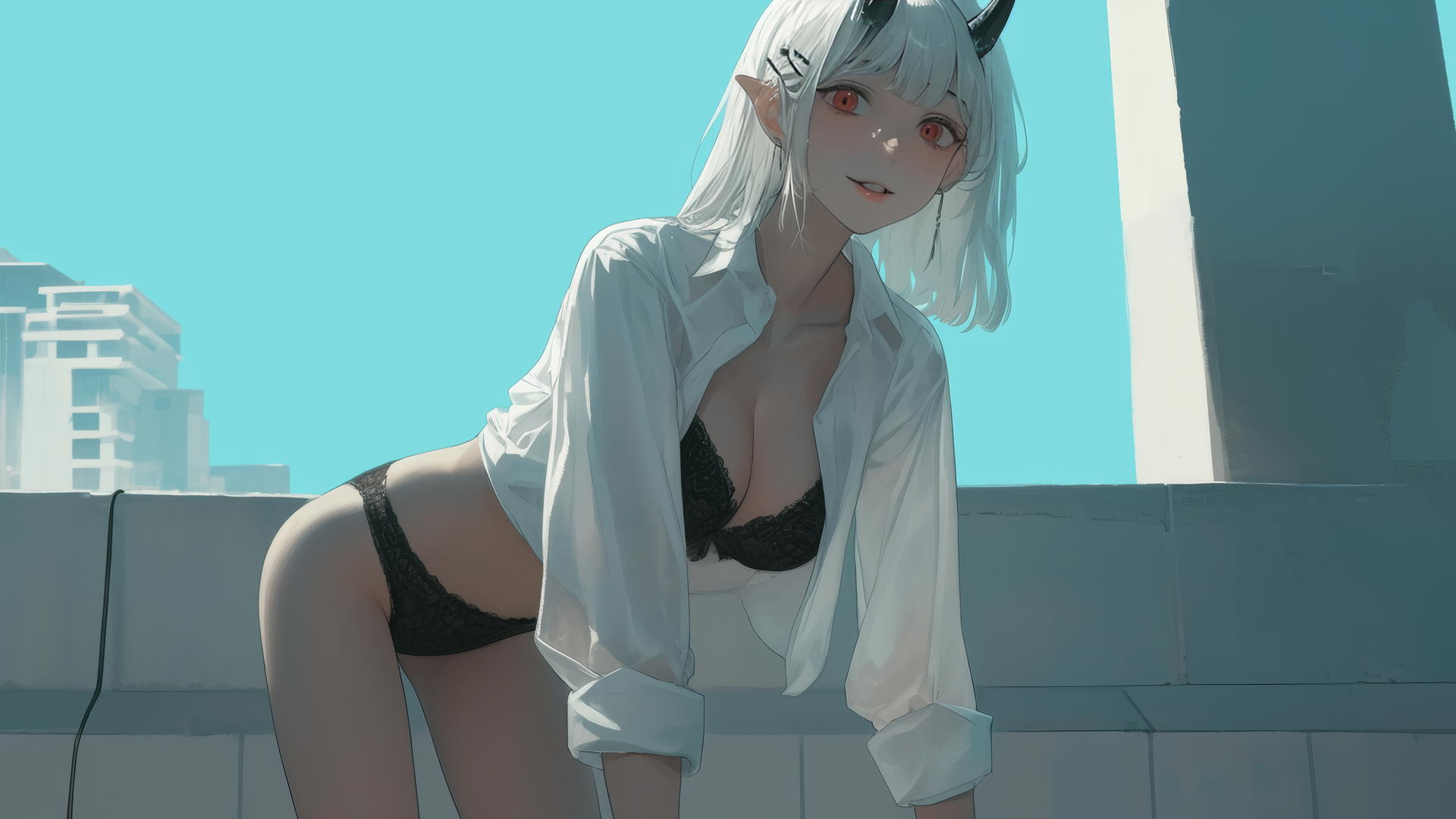 Demon girl kneeling in a hotel wearing a white shirt