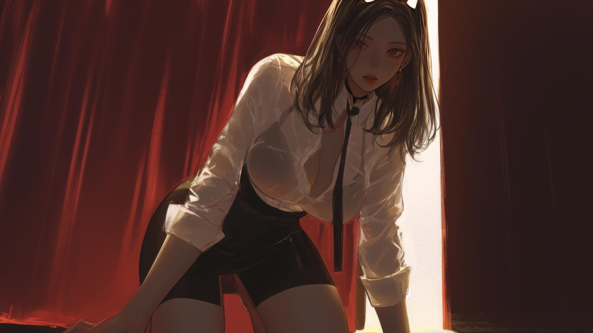 Demon girl kneeling in a modern hotel wearing a white office shirt