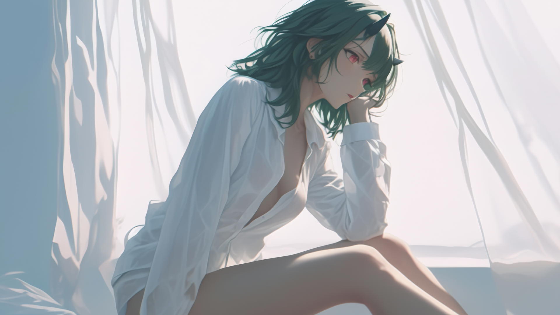 demon girl kneeling in a hotel wearing a white shirt