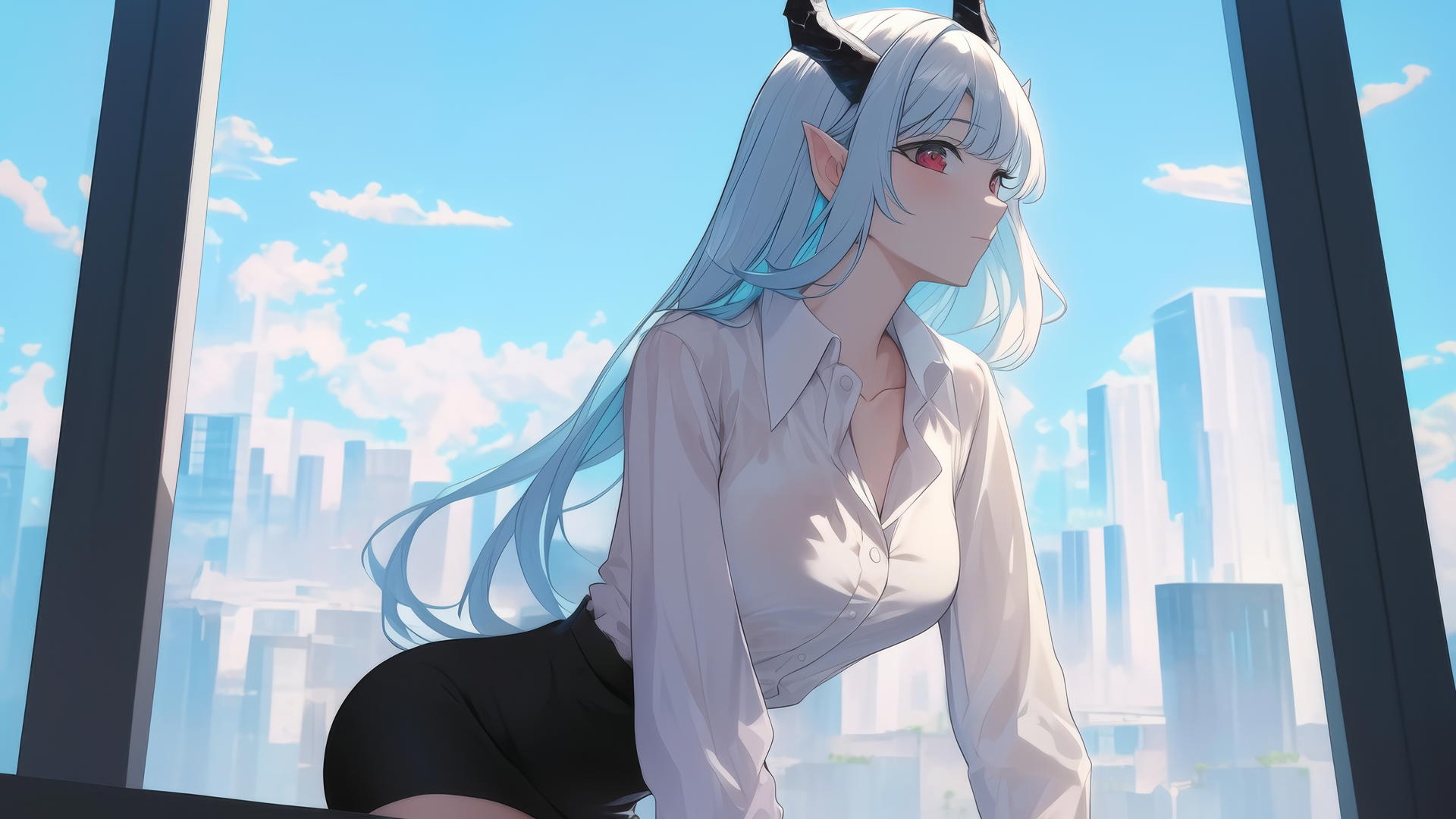 Demon girl kneeling in hotel wearing white office shirt