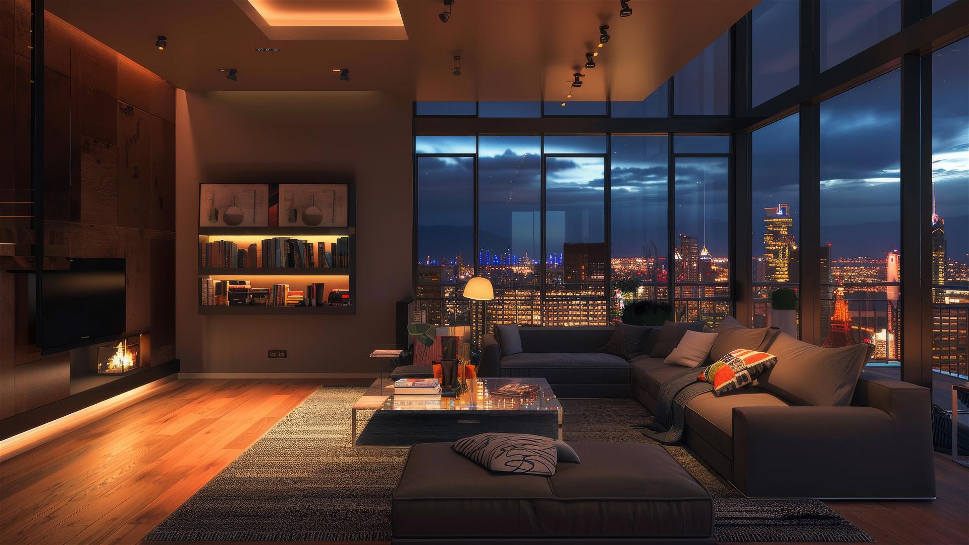 Cozy living room, dim lights, city view
