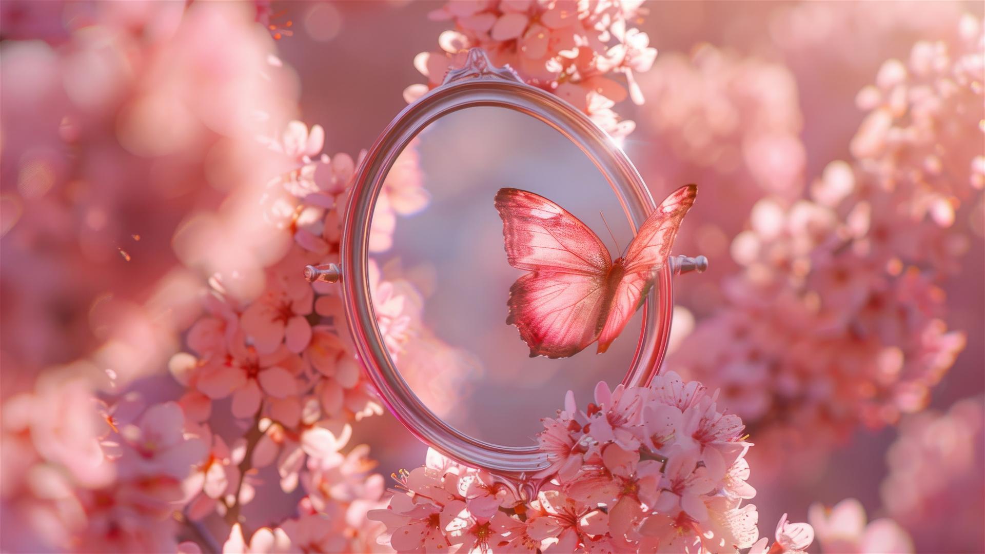 Pink mirror with butterfly, sunshine style, pixelated in magenta and white, Hervé Guibert and Hallyu inspired.