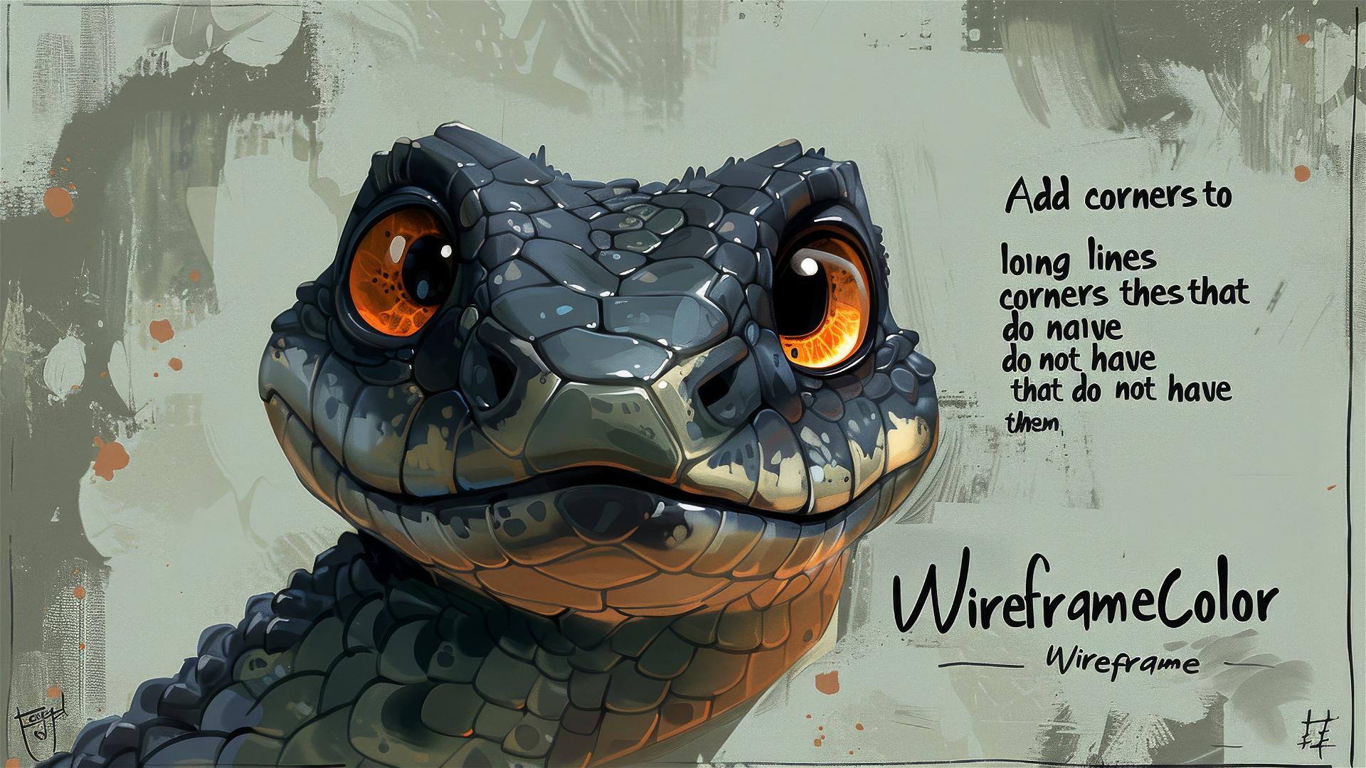 Cartoon grey and black cobra with big eyes in Pixar style, with instructional text.