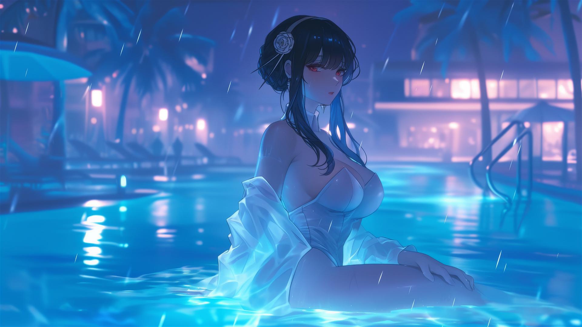 Yor Forger from Spy x Family in bunny girl outfit by moonlit pool on rainy day