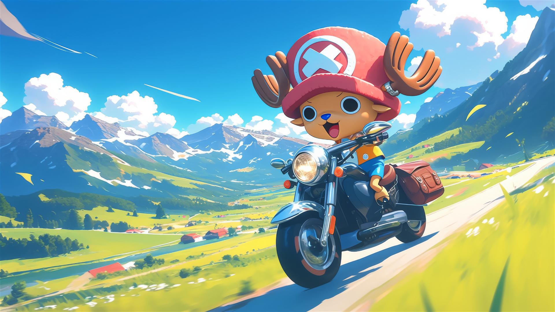 Tony Tony Chopper on scooter in countryside