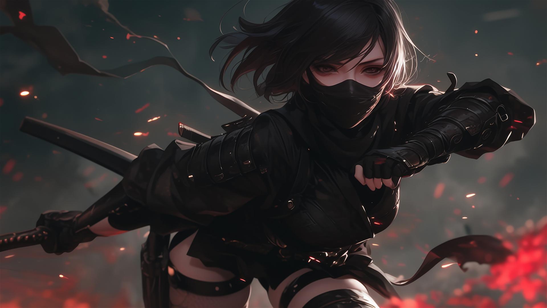 Ninja girl in dynamic pose with thigh focus, masked face against dark background with spotlight
