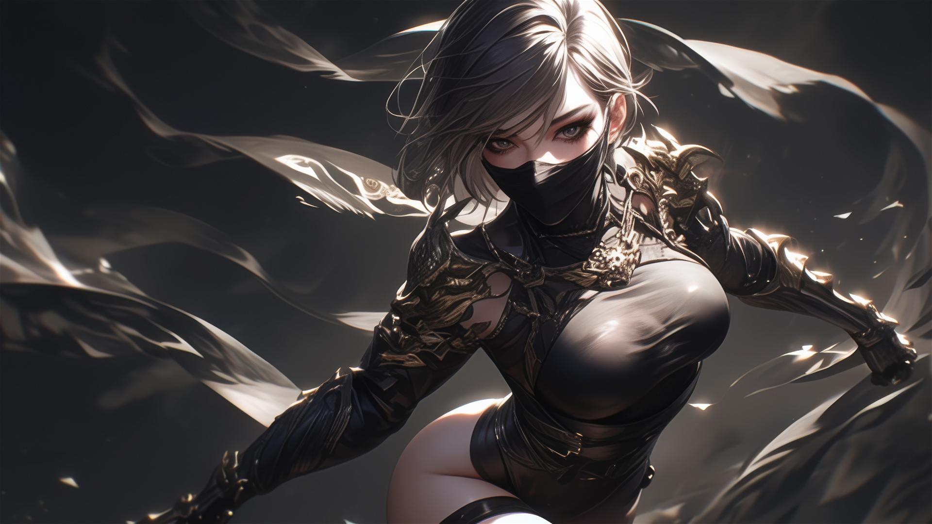 Ninja girl with short hair and a dark mask in a dynamic pose highlighting her thigh