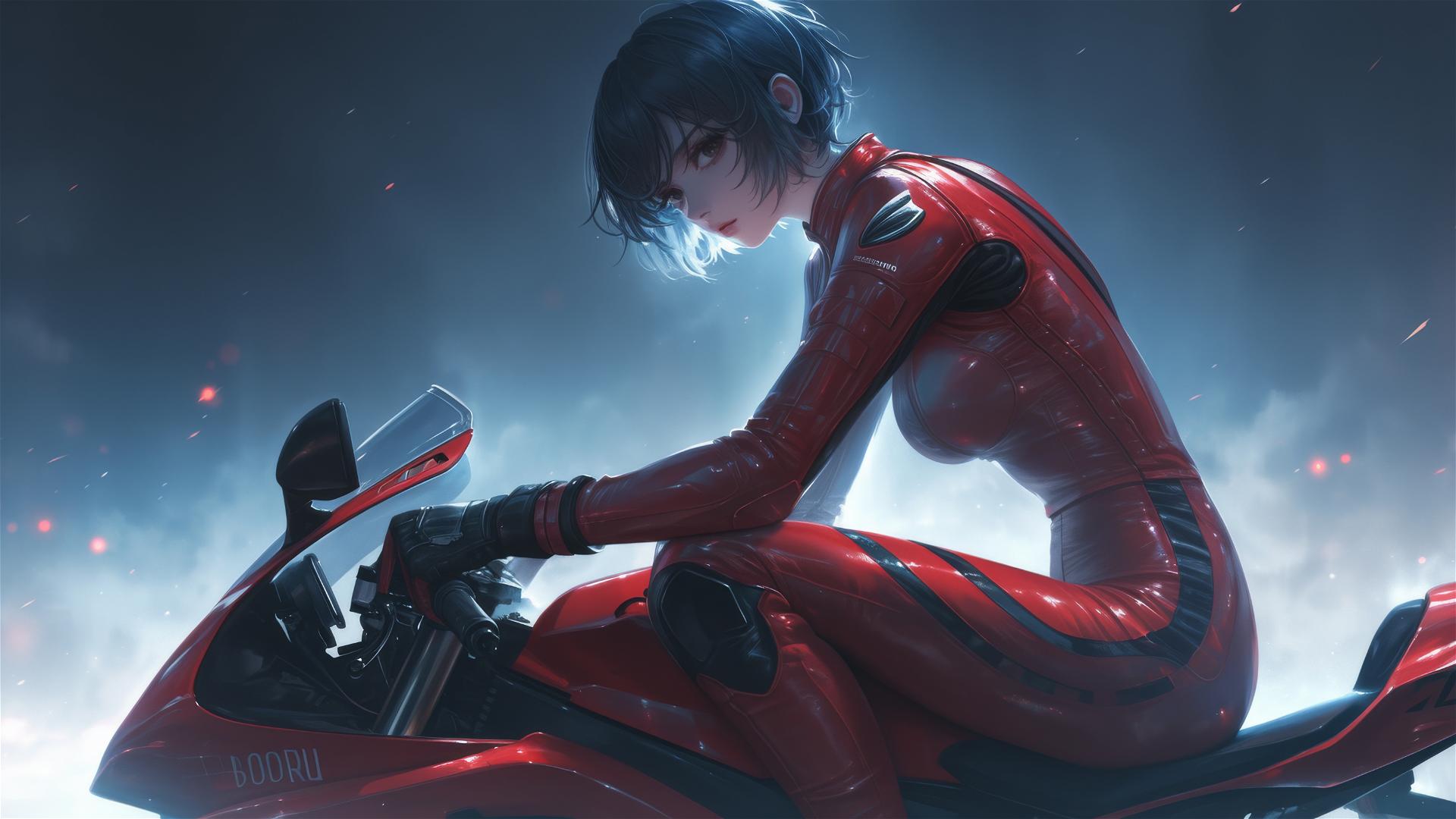 Motorsport racer girl with short hair, thigh focus in dynamic pose, dark mask, and spotlight