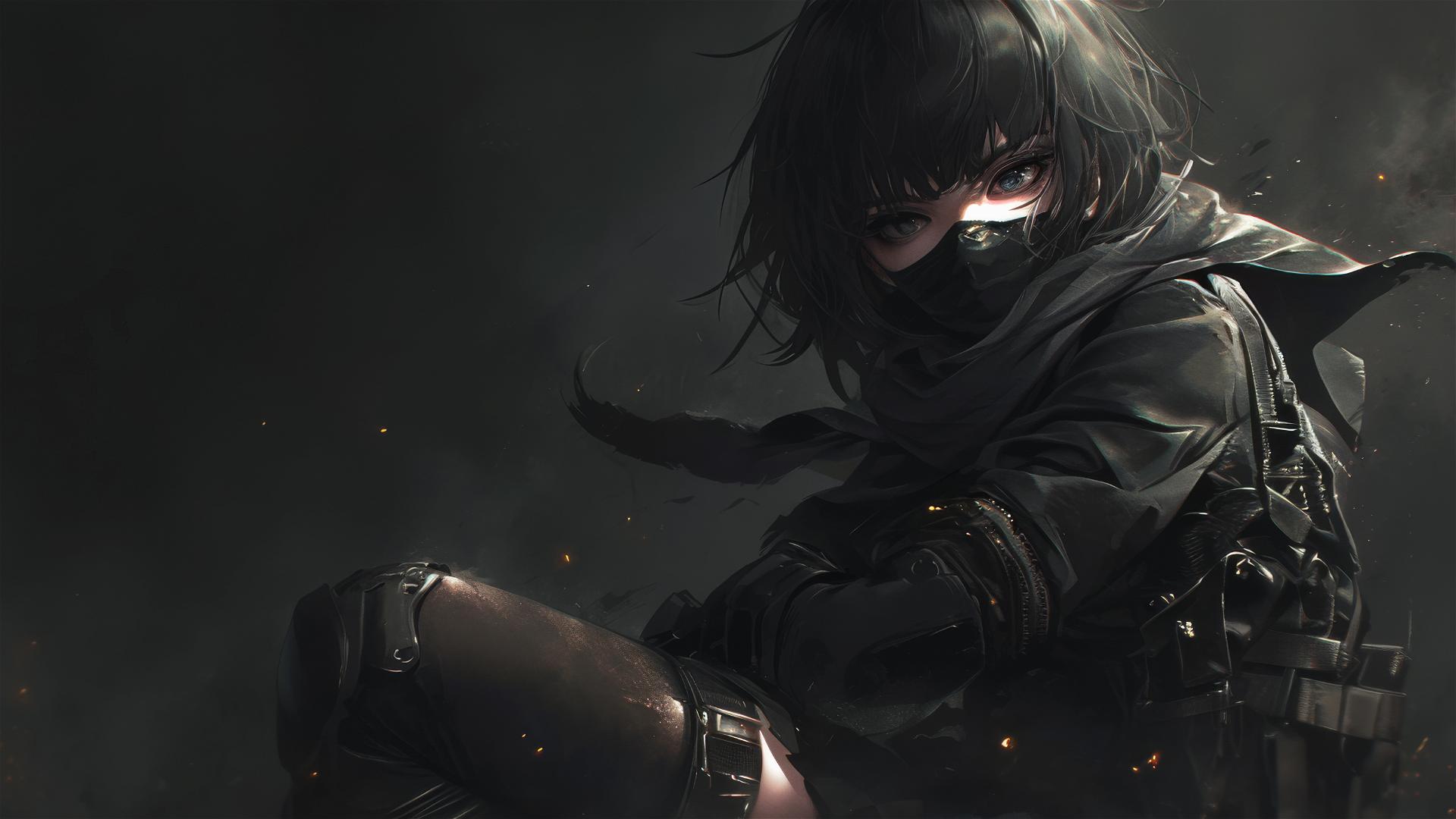 Tactical school girl with a masked face and short hair, spotlight on thighs
