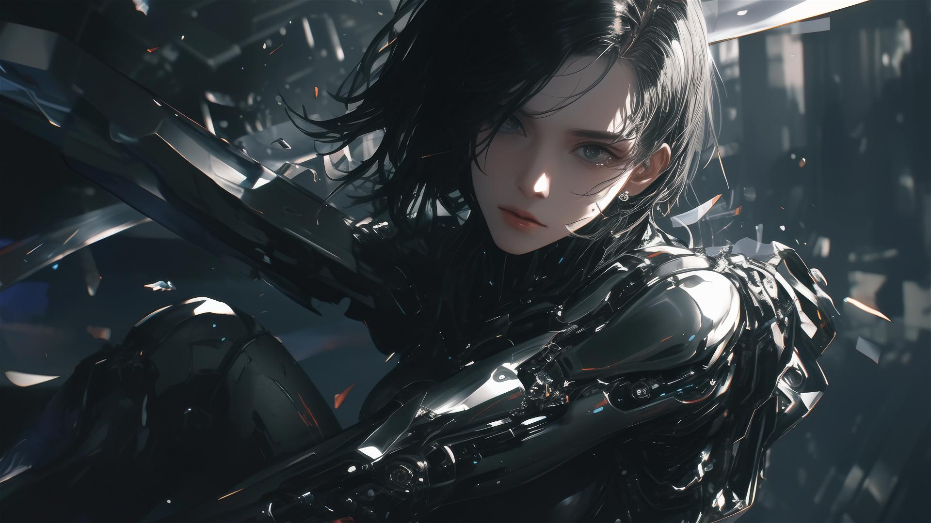 Cybernetic Agent Girl in dynamic pose with thigh focus on dark background