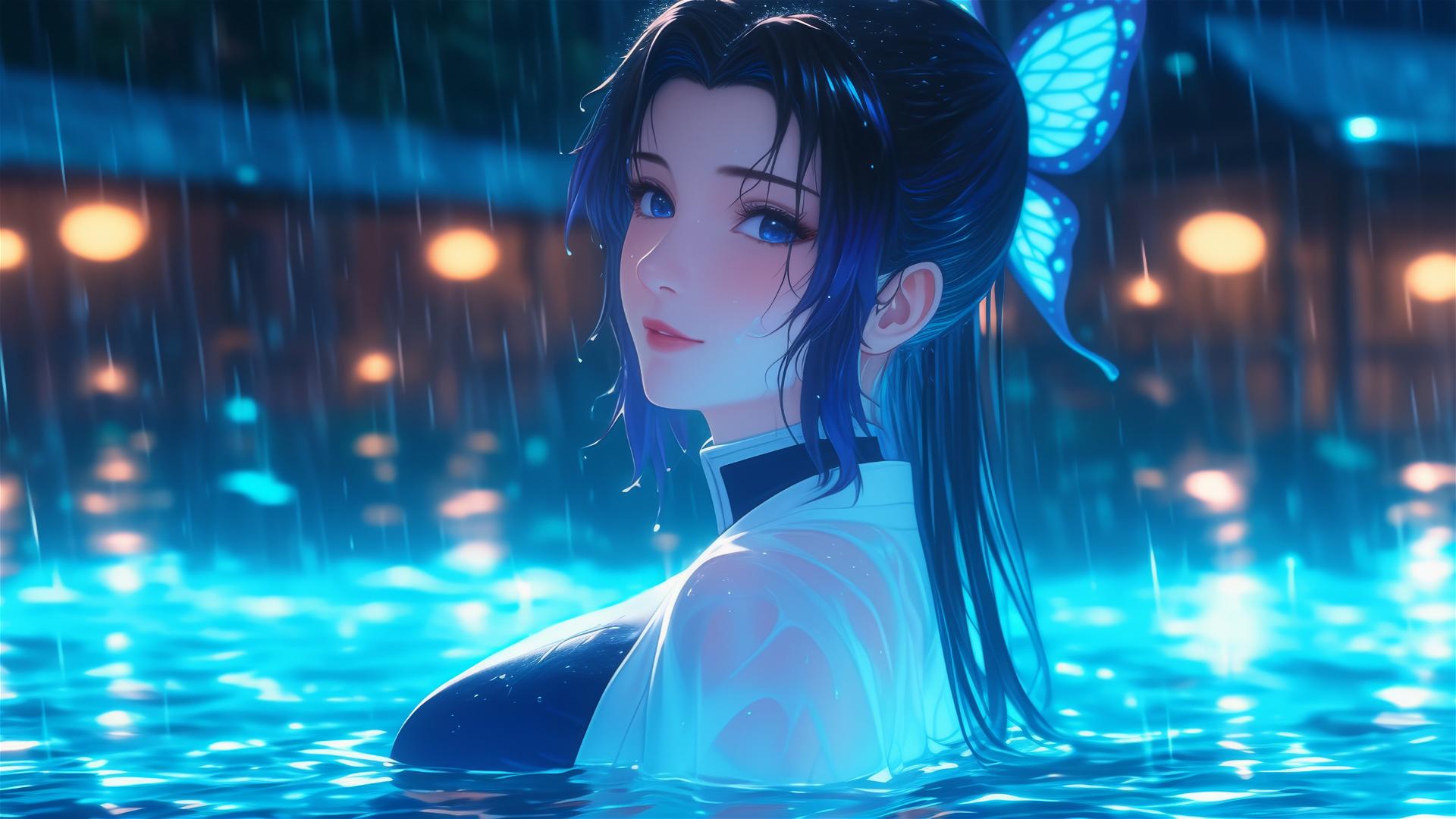 Shinobu Kocho from Demon Slayer in a rainy pool under moonlight