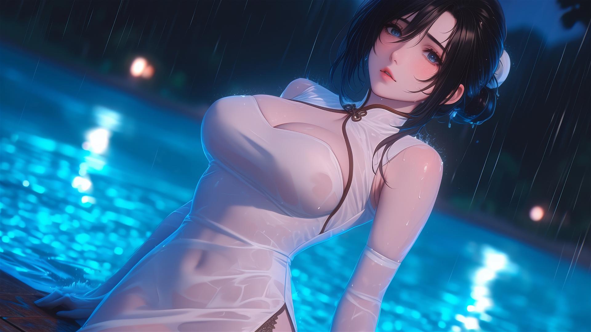 Mikasa Ackerman in the rain at a pool, moonlit in a pink dress