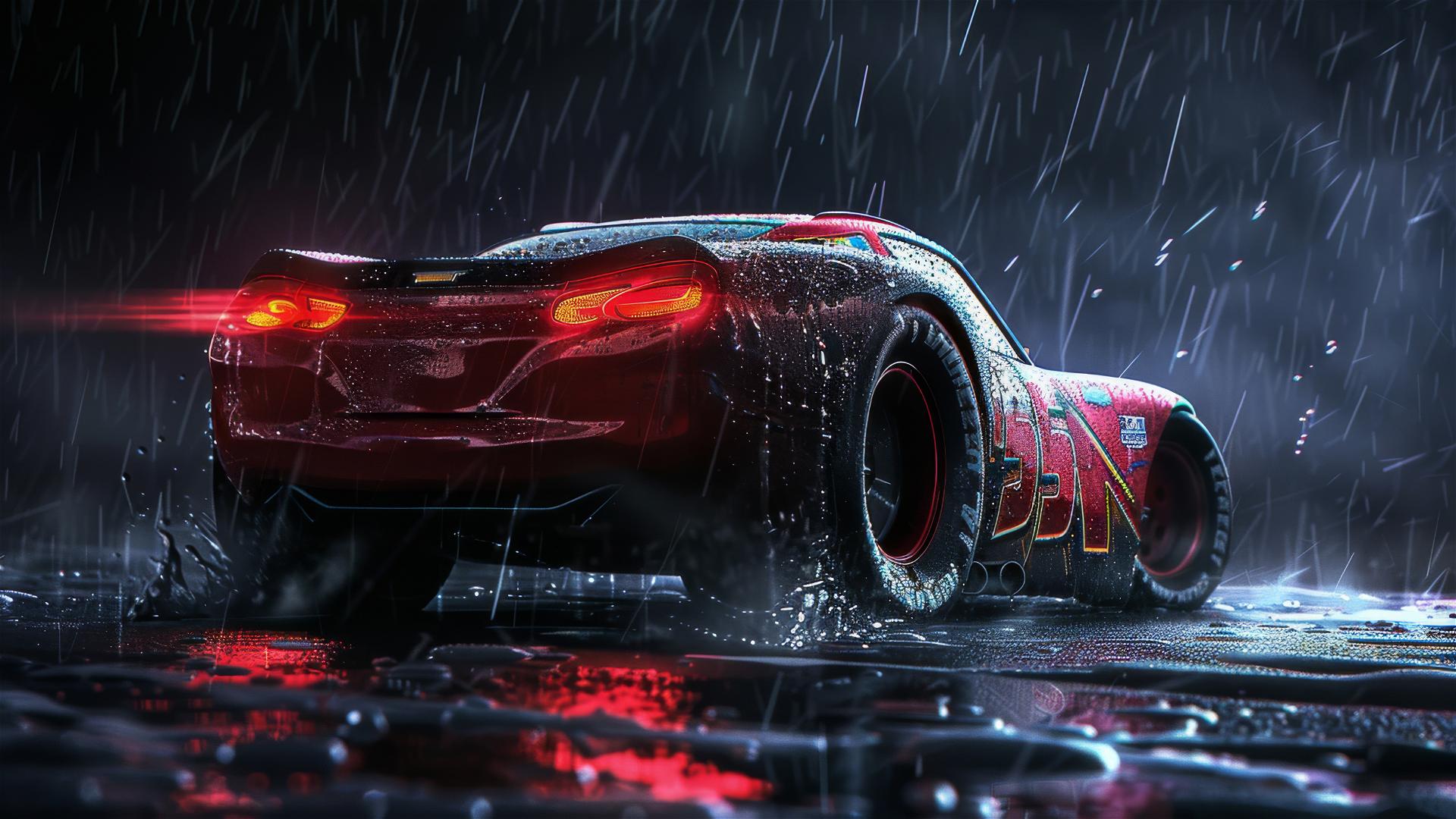 Lightning McQueen drawing in Pixar style with a dark background and spotlight
