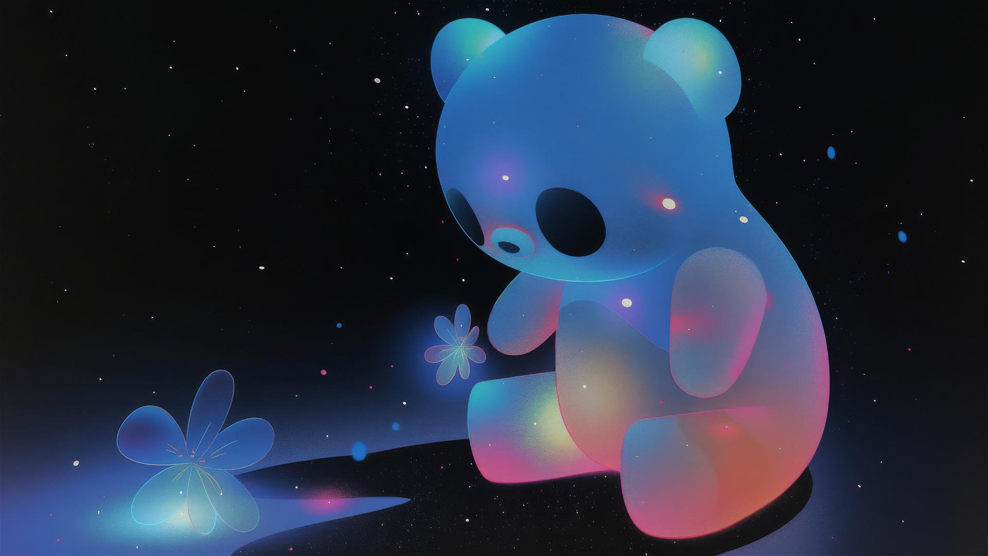 A large, luminescent panda bear observing a tiny firefly in its hand, medium close-up