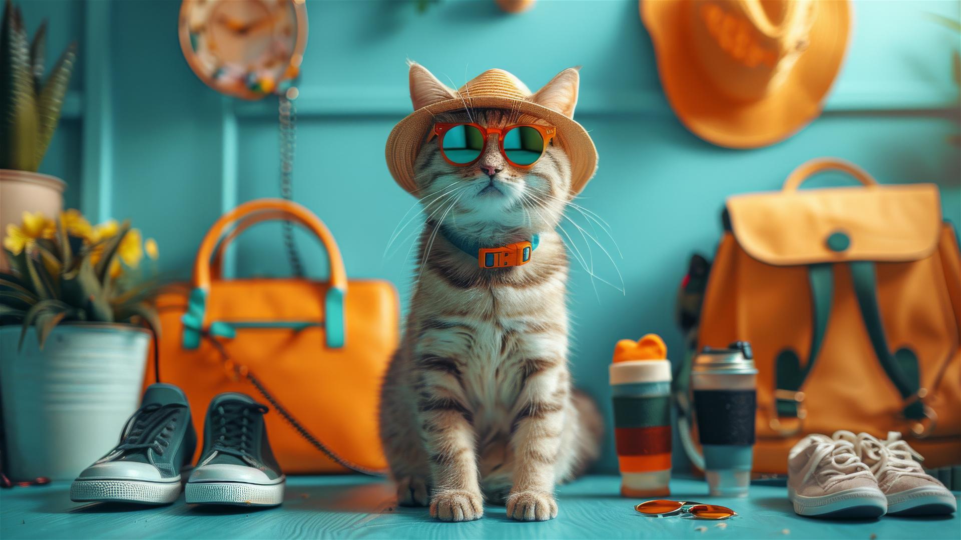 Stylish cat wearing sunglasses, hat, shorts and sneakers, surrounded by accessories with light blue background