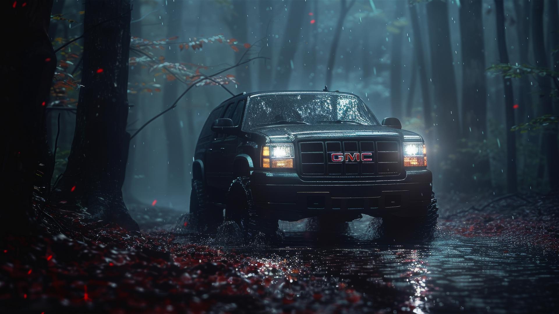 Closeup view of a foggy, gothic gloomy GMC Envoy in dim lighting, rendered in 8K smooth photorealistic quality