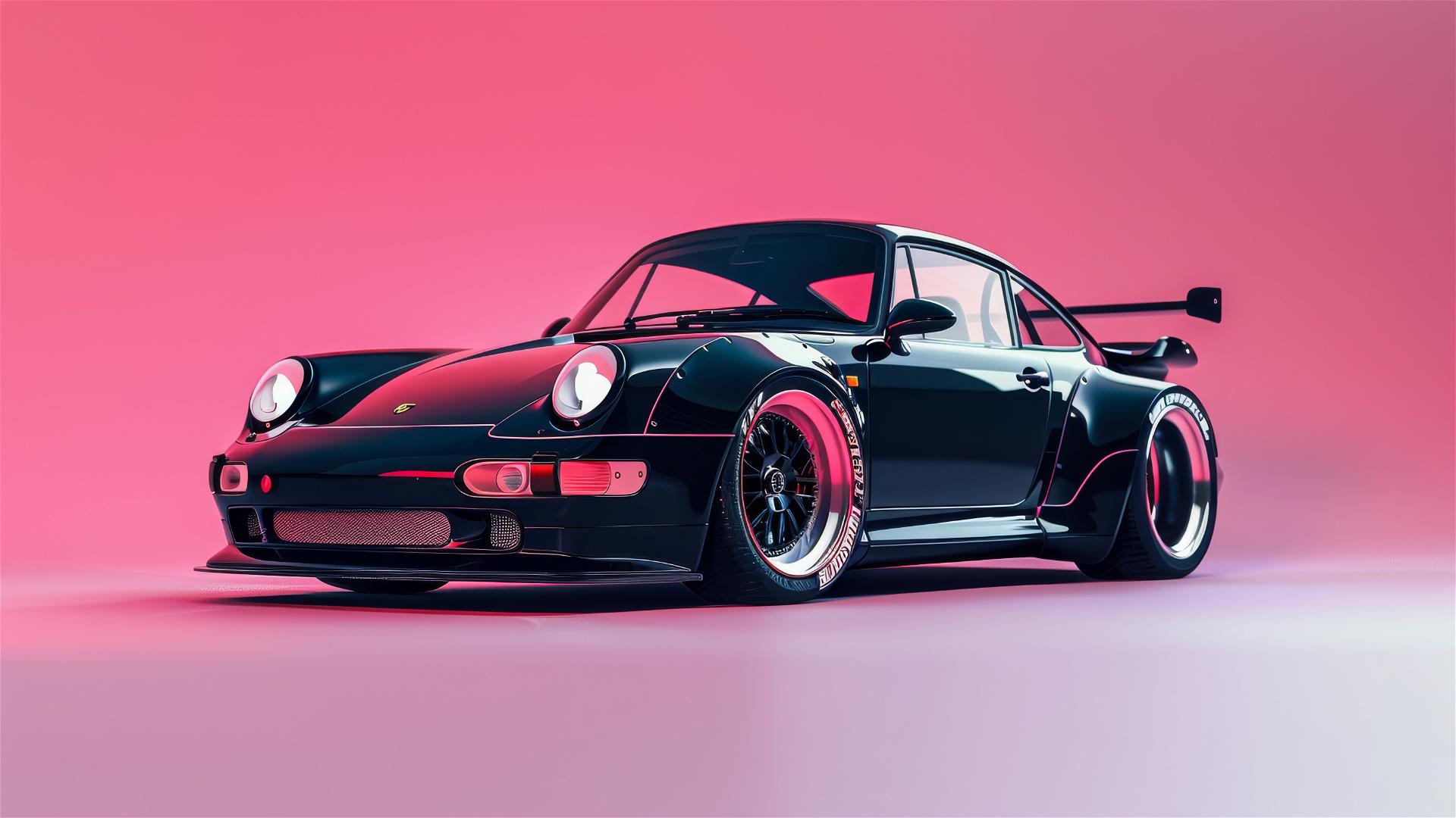 Front shot of a black Porsche 993 Turbo with a Widebody kit designed by RWB, set against a futuristic pink background