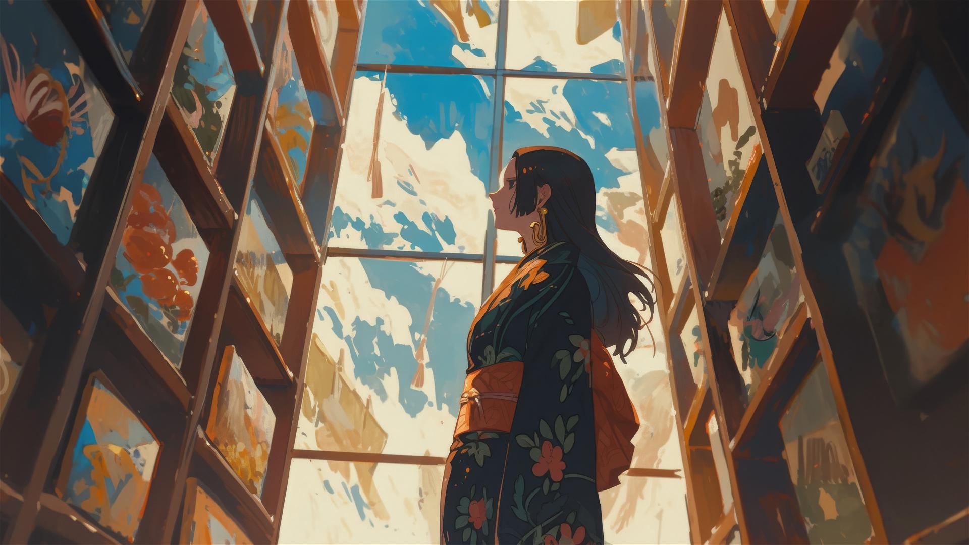 Boa Hancock, One Piece character, strolls in art gallery under soft lights