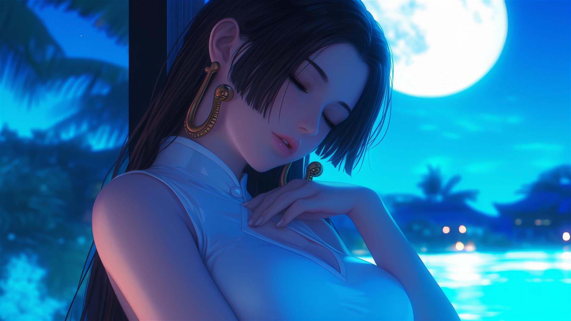Boa Hancock from One Piece resting in apartment under moonlight