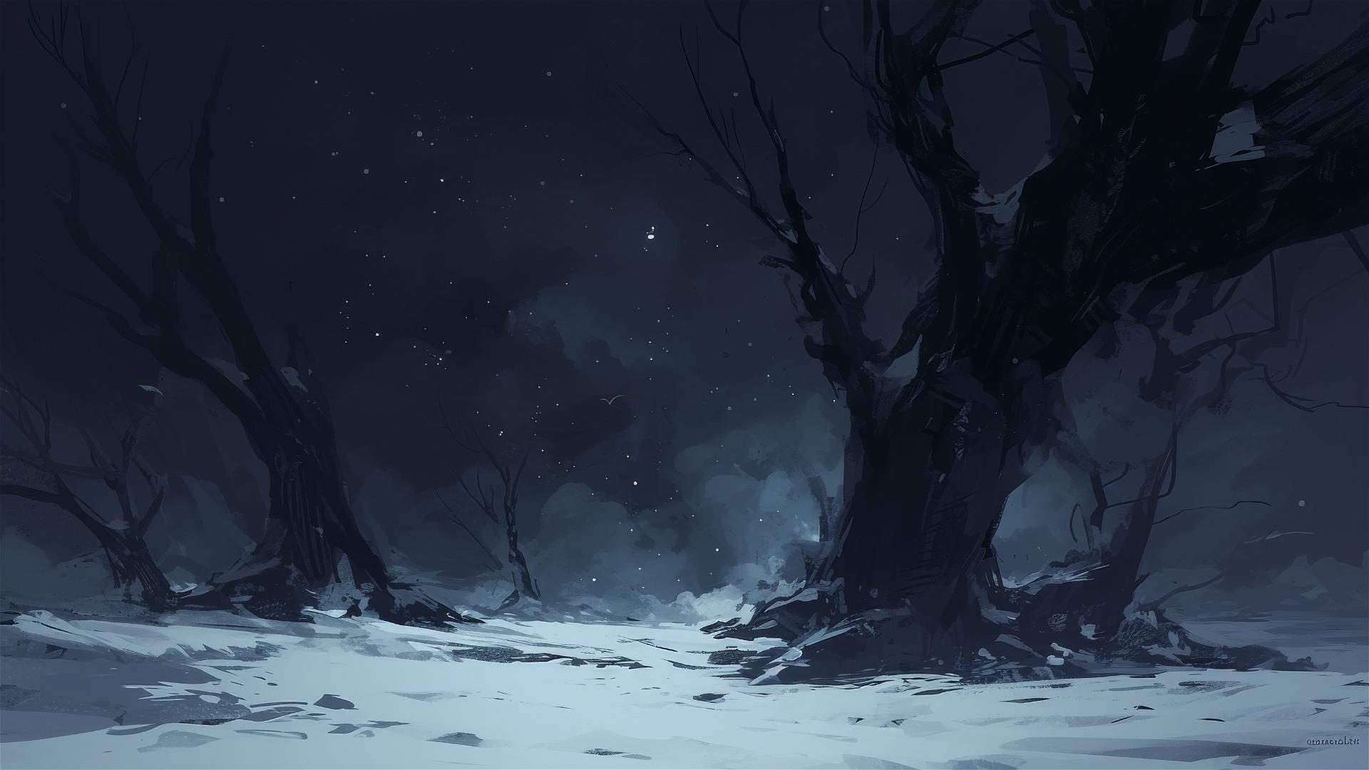 Aesthetic dark winter landscape with black trees against a slightly lighter black sky, the snow a soft grey underfoot, quiet and isolated