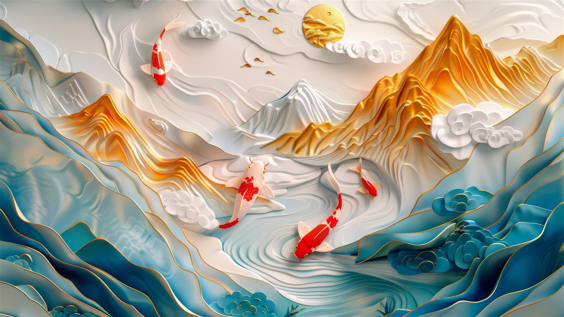 3D Asian painting of golden mountains and koi fish