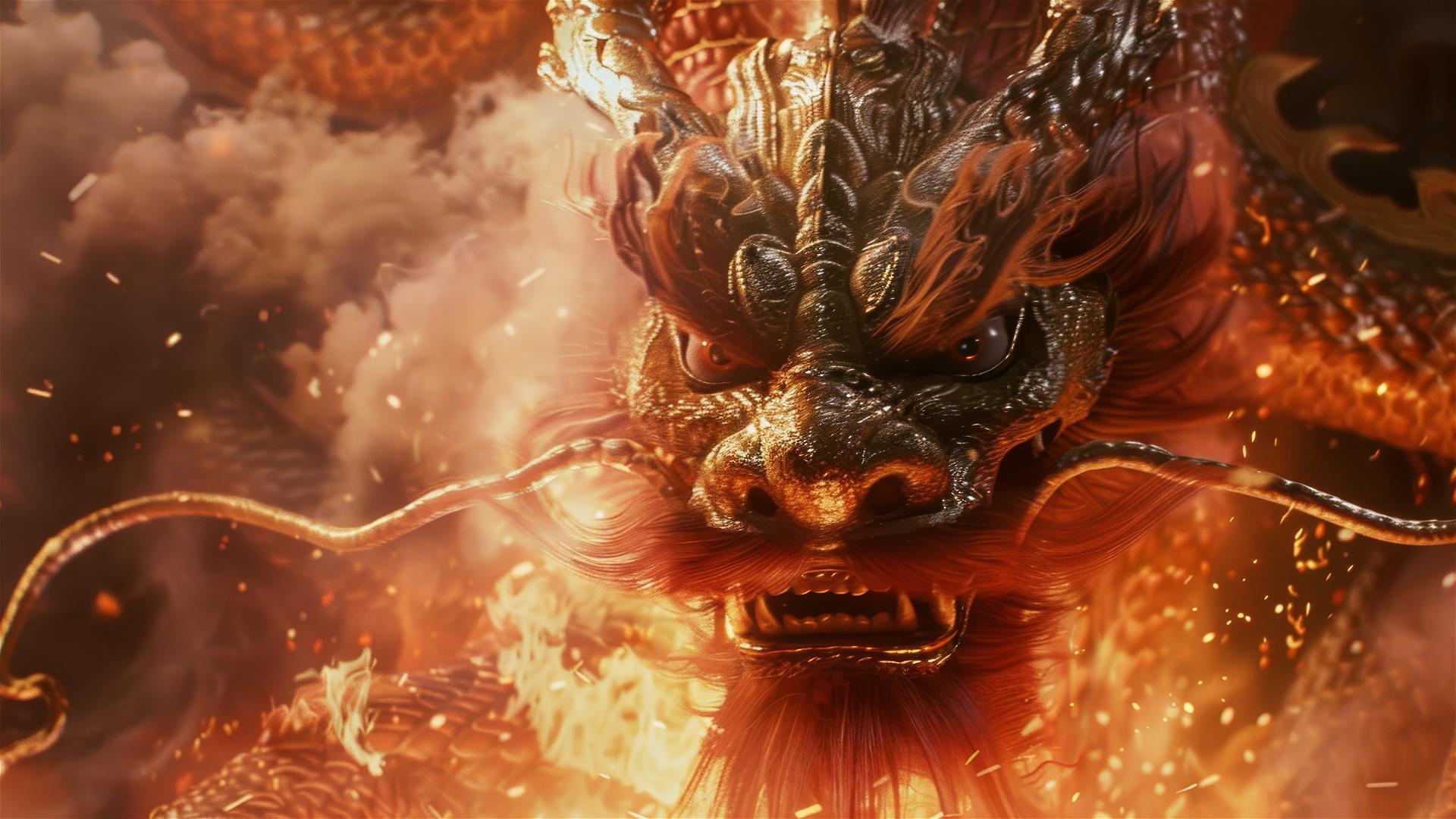 Fire-breathing dragon with golden beard and shiny scales