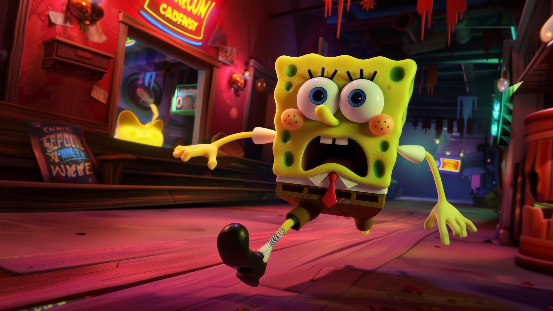 SpongeBob fleeing a nightclub looking terrified
