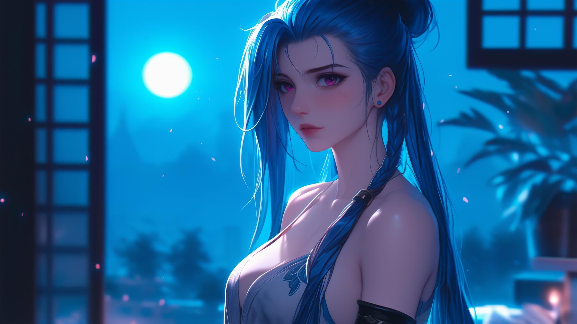 Jinx from League of Legends standing in an apartment under moonlight