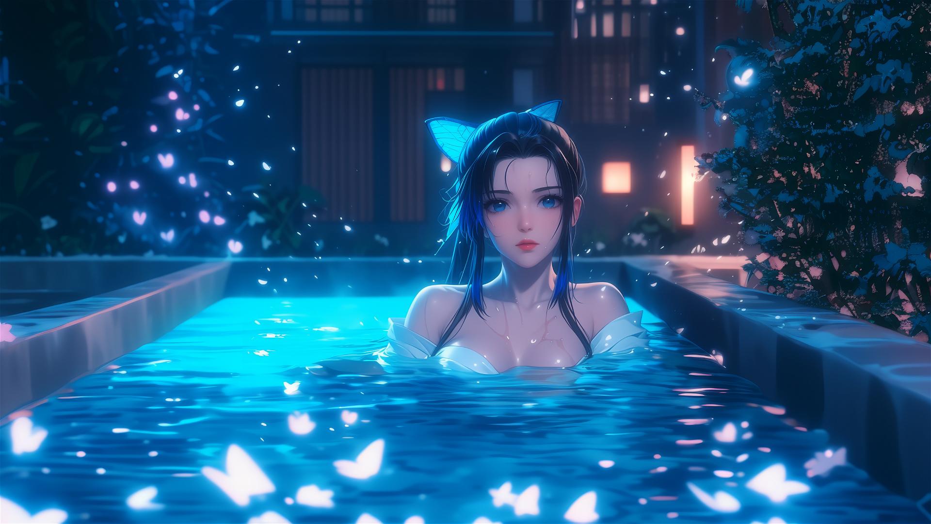 Shinobu Kocho from Demon Slayer resting in a tub with moonlight glow.