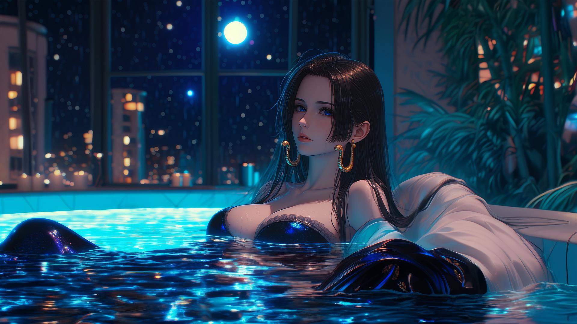 Boa Hancock from One Piece resting in a tub with moonlight softly glowing on her.