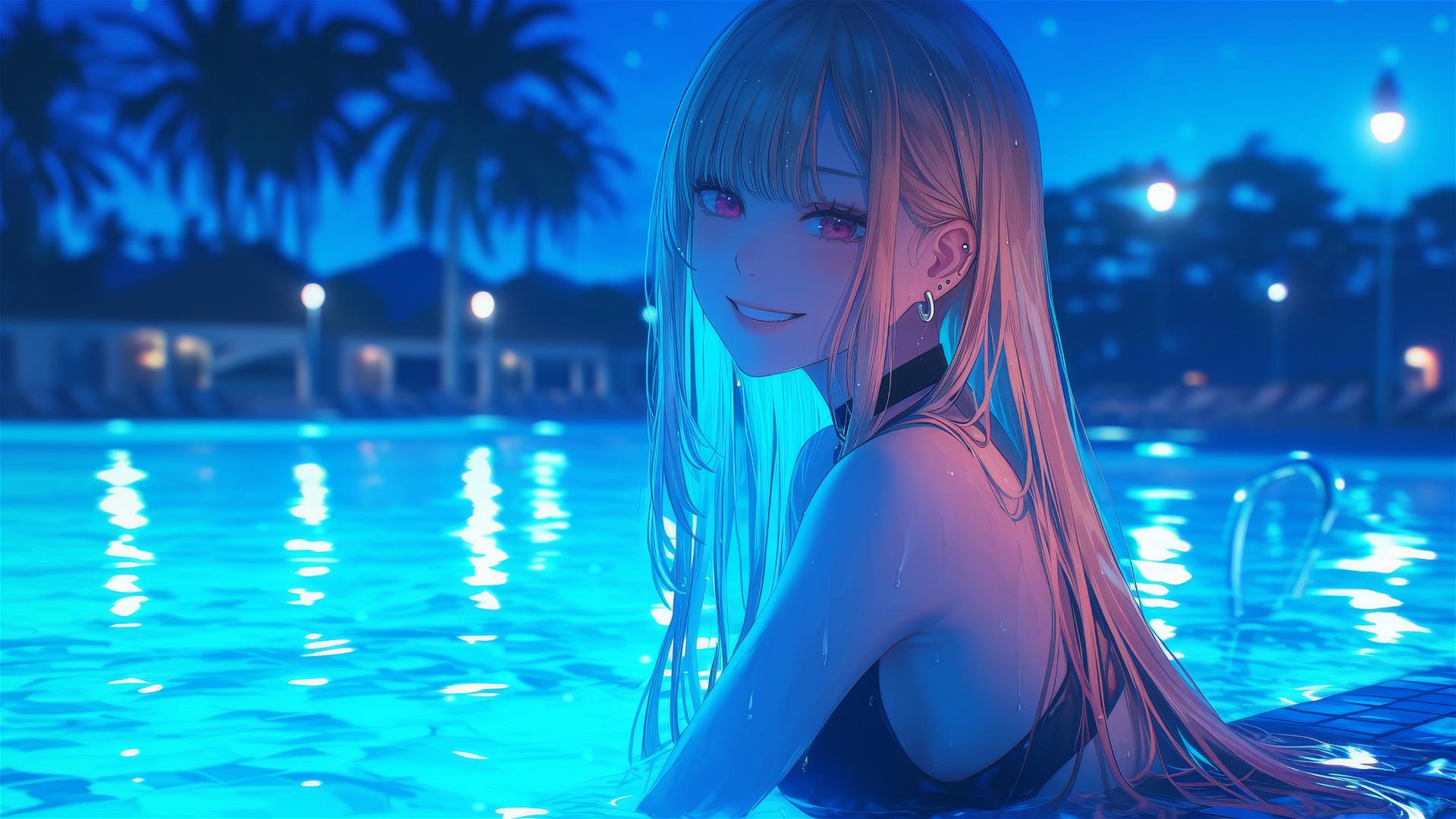 Marin Kitagawa resting at a rainy swimming pool under moonlight