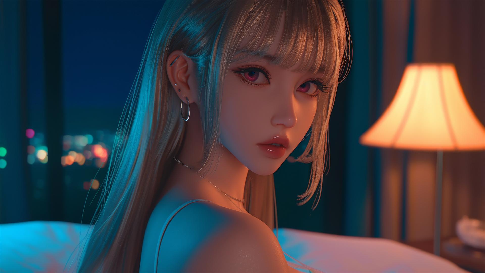 Marin Kitagawa sitting on a hotel bed, moonlight illuminating her, pinkish eyes, blonde hair with pink tips