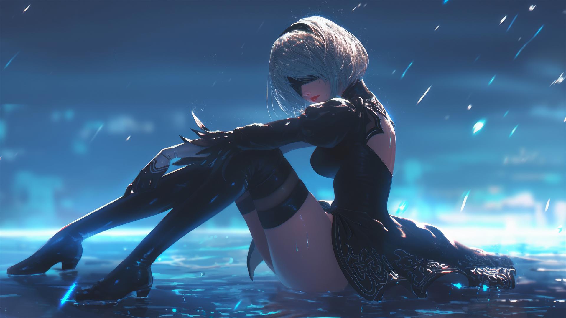 2B from Nier, resting at a rainy pool, moonlight glowing on her.