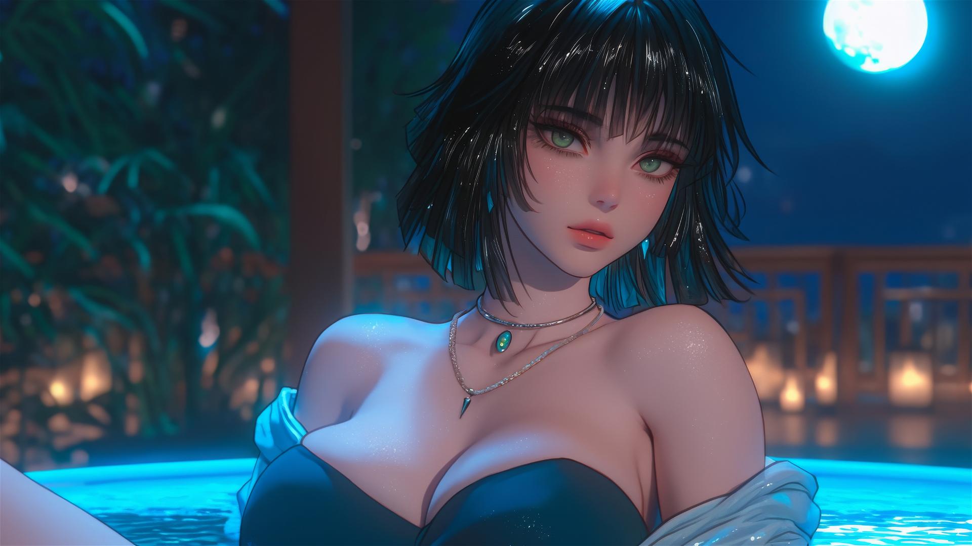 Fubuki from One Punch Man resting in tub under moonlight, dark green bob hair, light green eyes