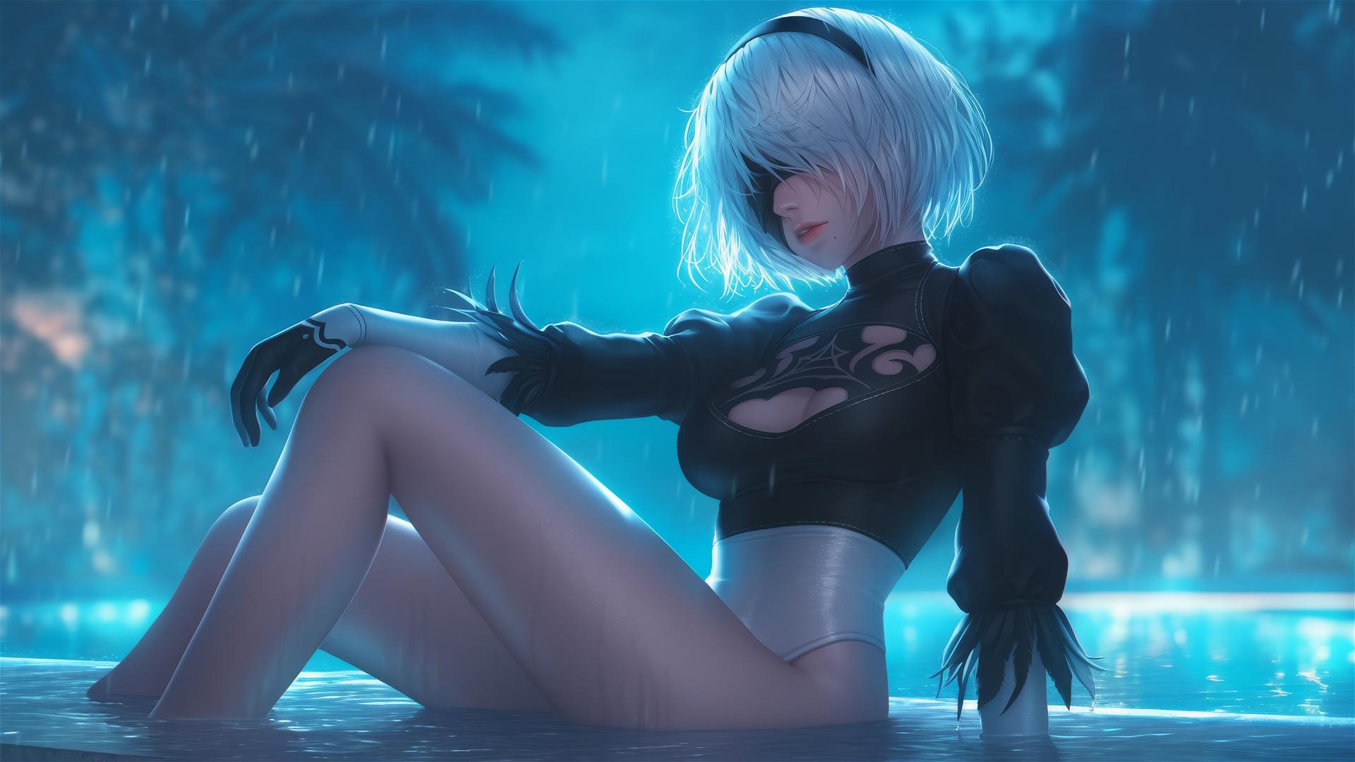 2B from Nier sitting by a rainy swimming pool under soft moonlight.