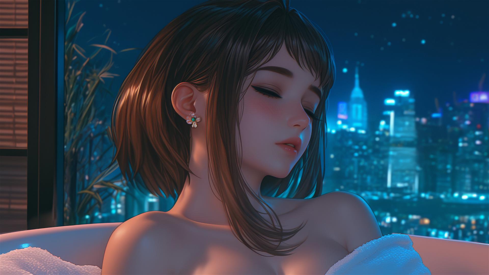 Ochaco Uraraka resting in a tub with warm lighting, auburn hair and eyes