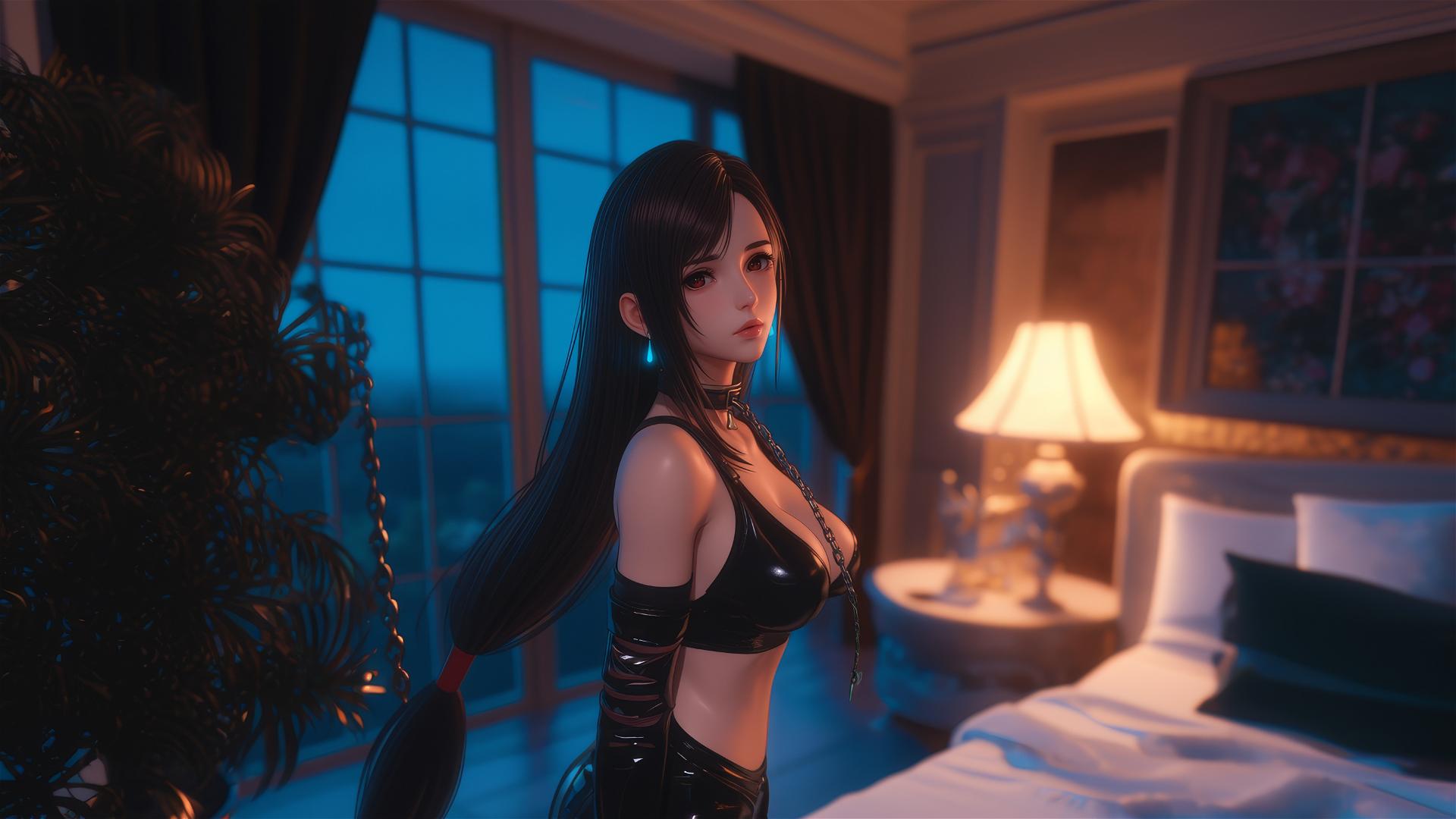 Tifa Lockhart with neck chained in modern hotel room illuminated by warm light
