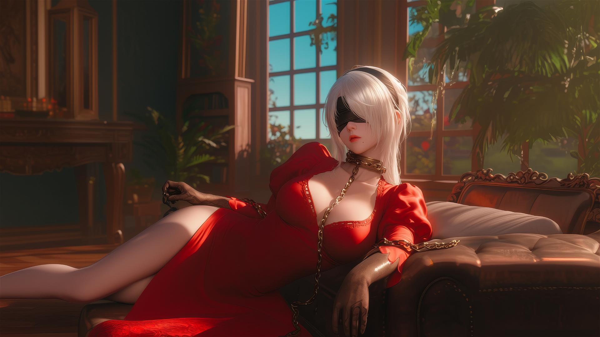 2B from Nier in red attire with blindfold, iron chains on neck, in a hotel room with warm light.