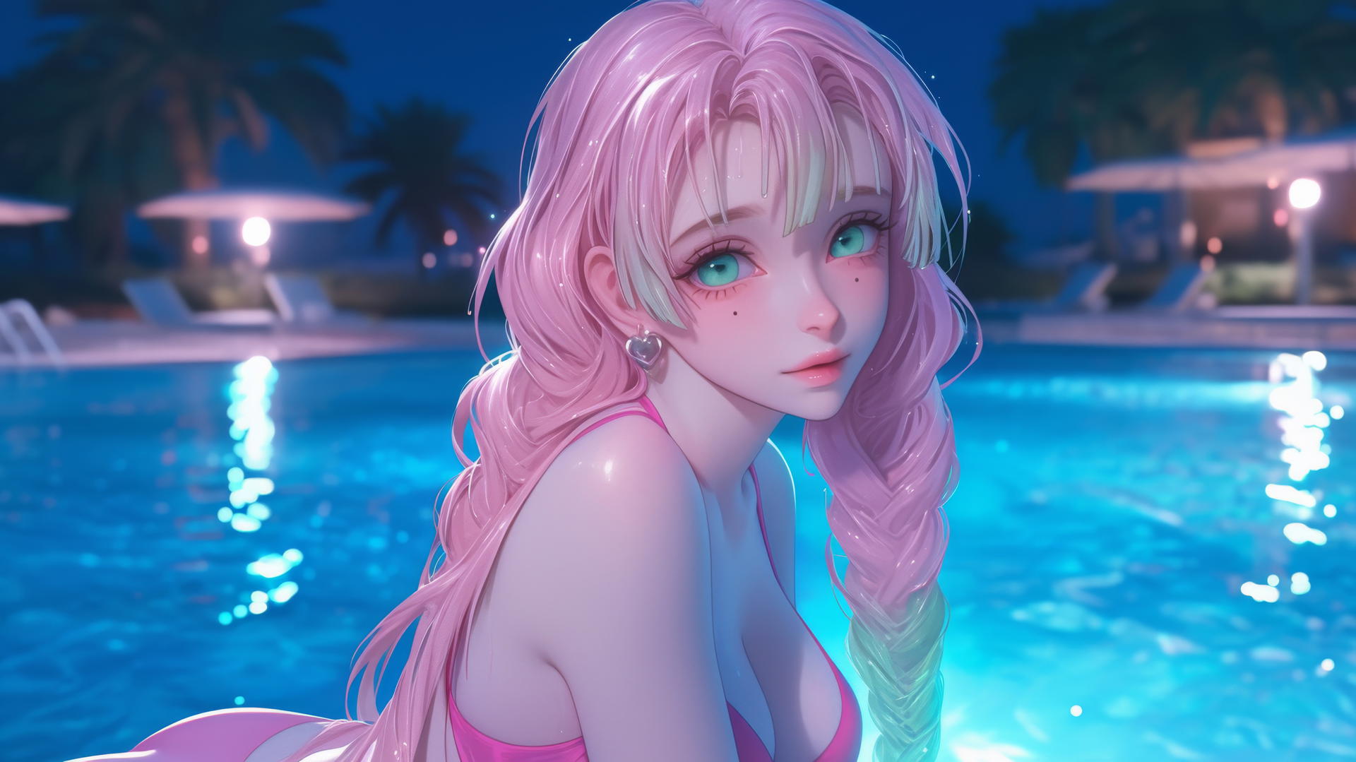 Mitsuri Kanroji resting by a rainy swimming pool under moonlight, in a pink dress.