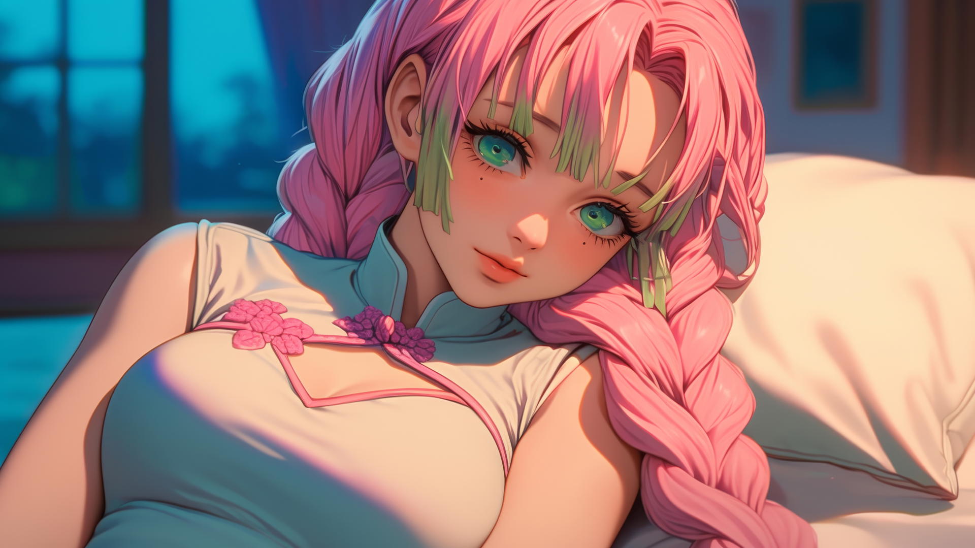 Mitsuri Kanroji from Demon Slayer resting in a modern hotel room with moonlight glow