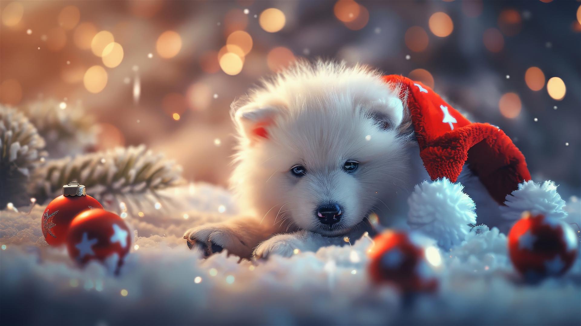 Small Samoyed dog in a New Year celebration scene