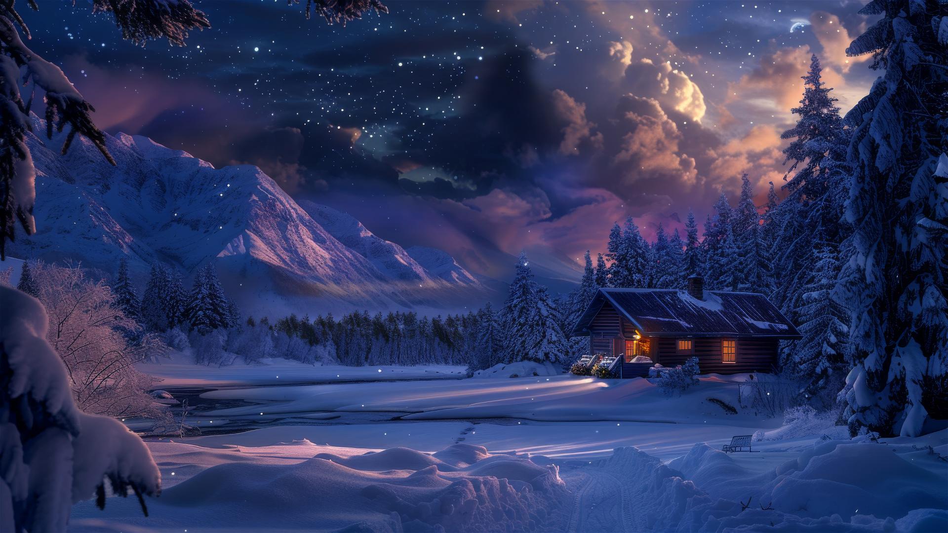 Northern lights over snowy Nordic village with reindeer