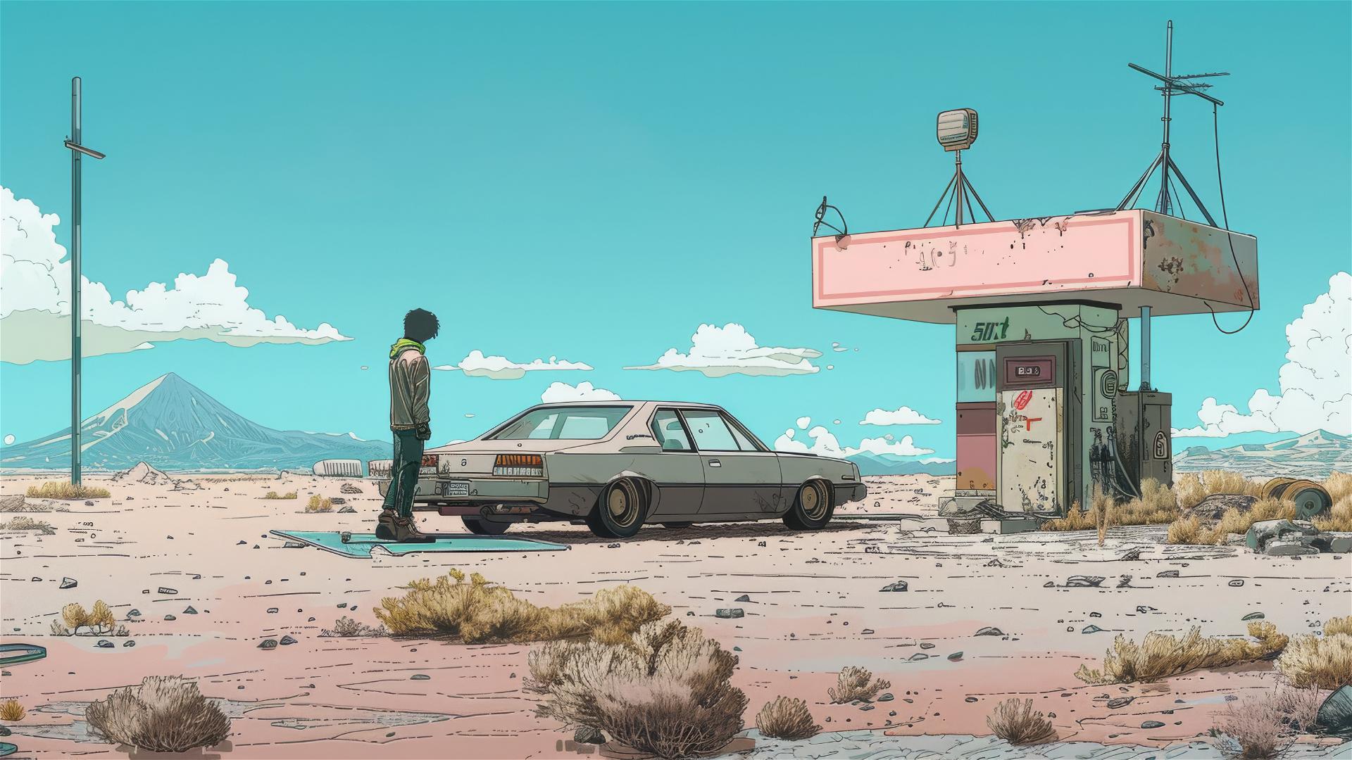 80s anime style man by car at deserted gas station, Mount Hood in the background