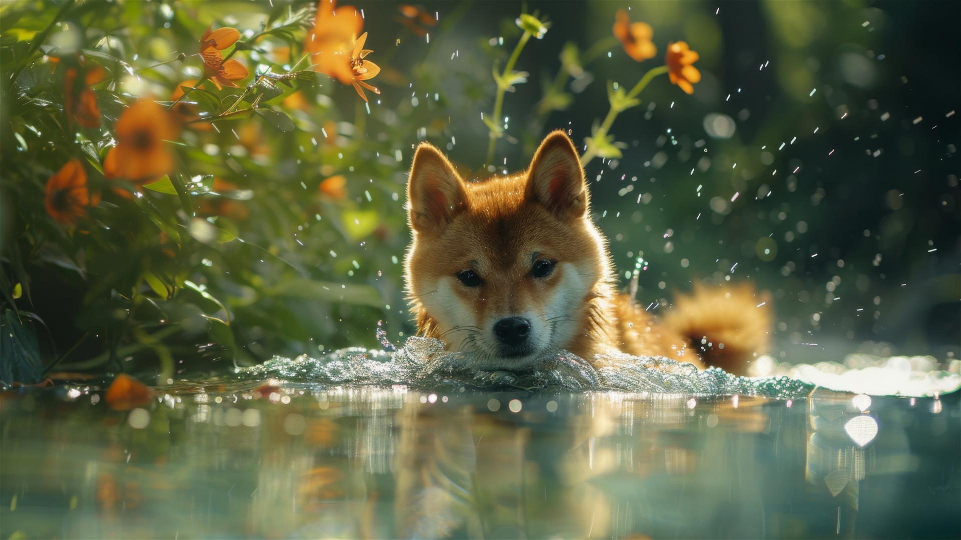 Shiba Inu swimming in azure pond among vibrant flowers