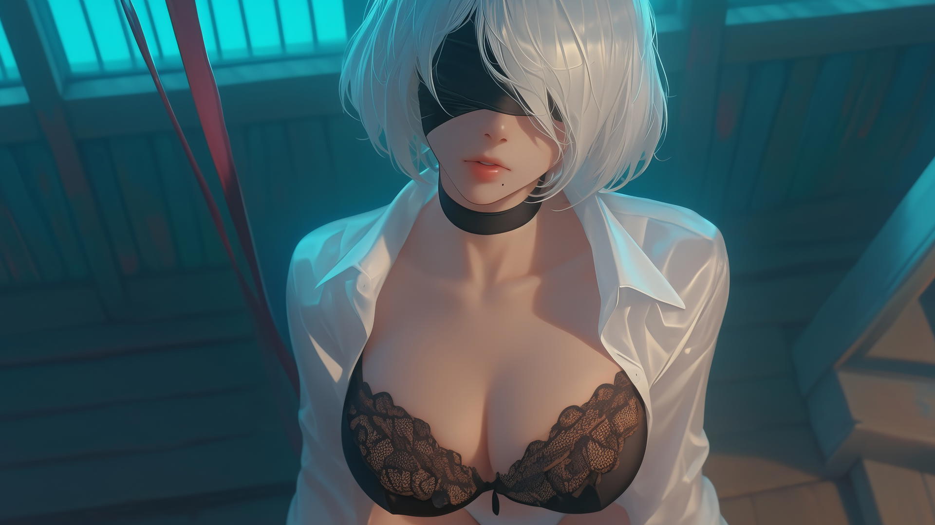 2B from Nier, in white office shirt and black blindfold, kneeling and looking up, neon-lit modern hotel room.