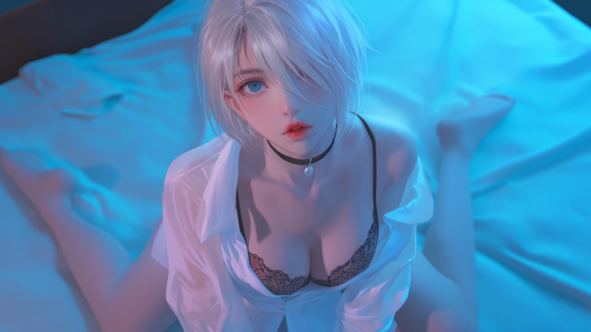 2B from Nier kneeling in a modern hotel room, neon light glow, blindfolded