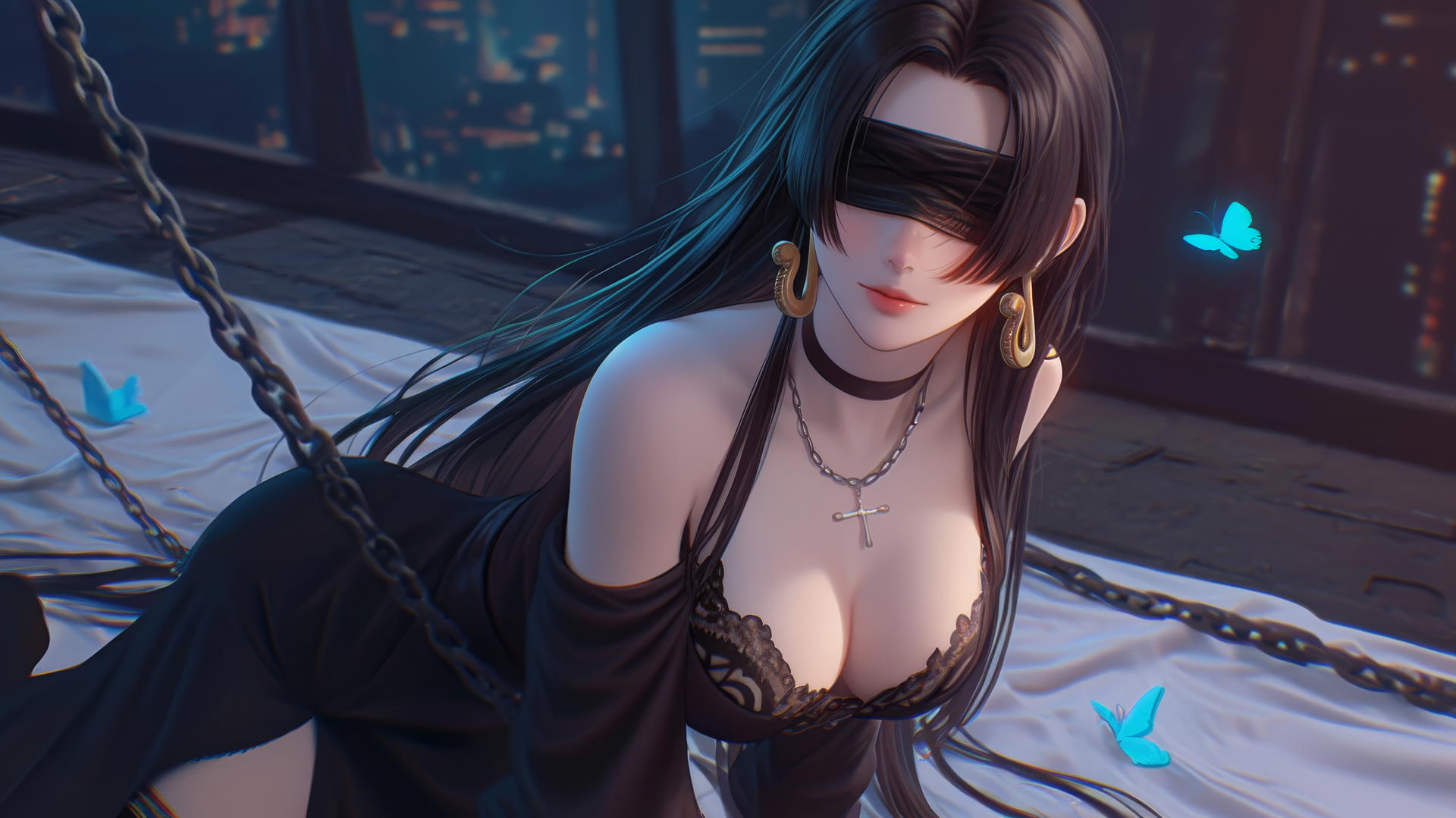 Boa Hancock kneeling, blindfolded, in neon-lit hotel room.