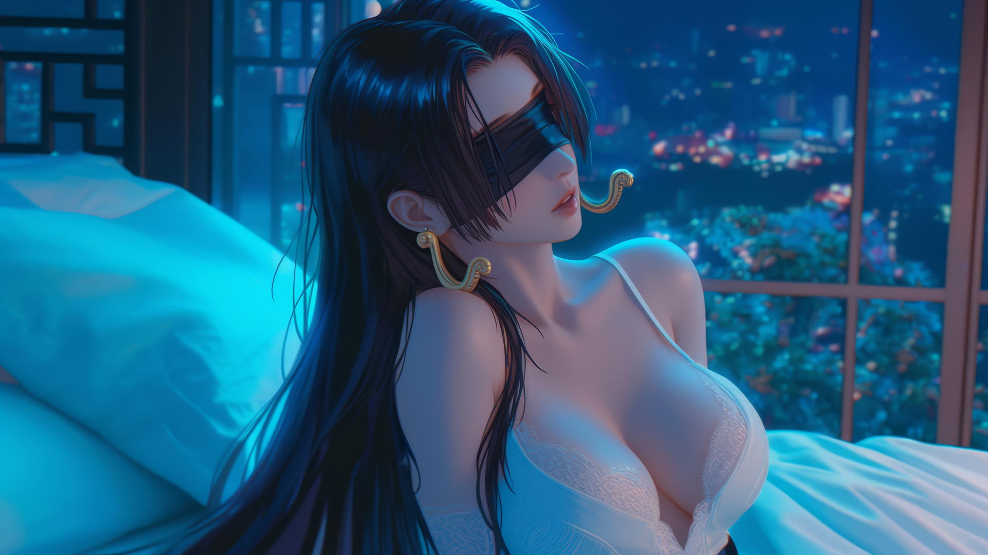 Boa Hancock kneeling in a modern hotel room, blindfolded, facing upward with neon light glow.