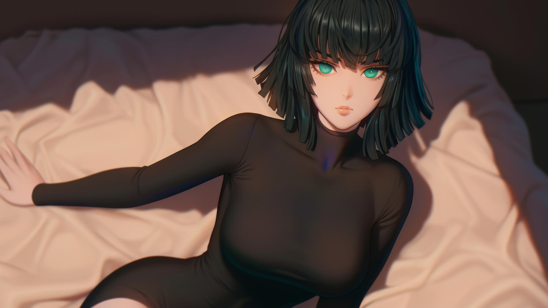 Fubuki from One Punch Man kneeling and looking up, neon-lit modern hotel room.
