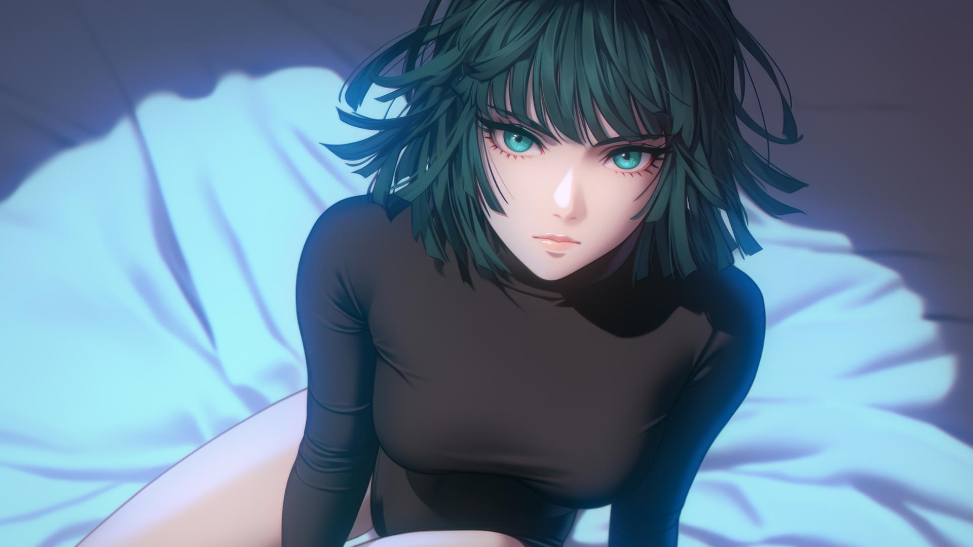 Fubuki from One Punch Man kneeling, looking up, in neon-lit modern hotel room